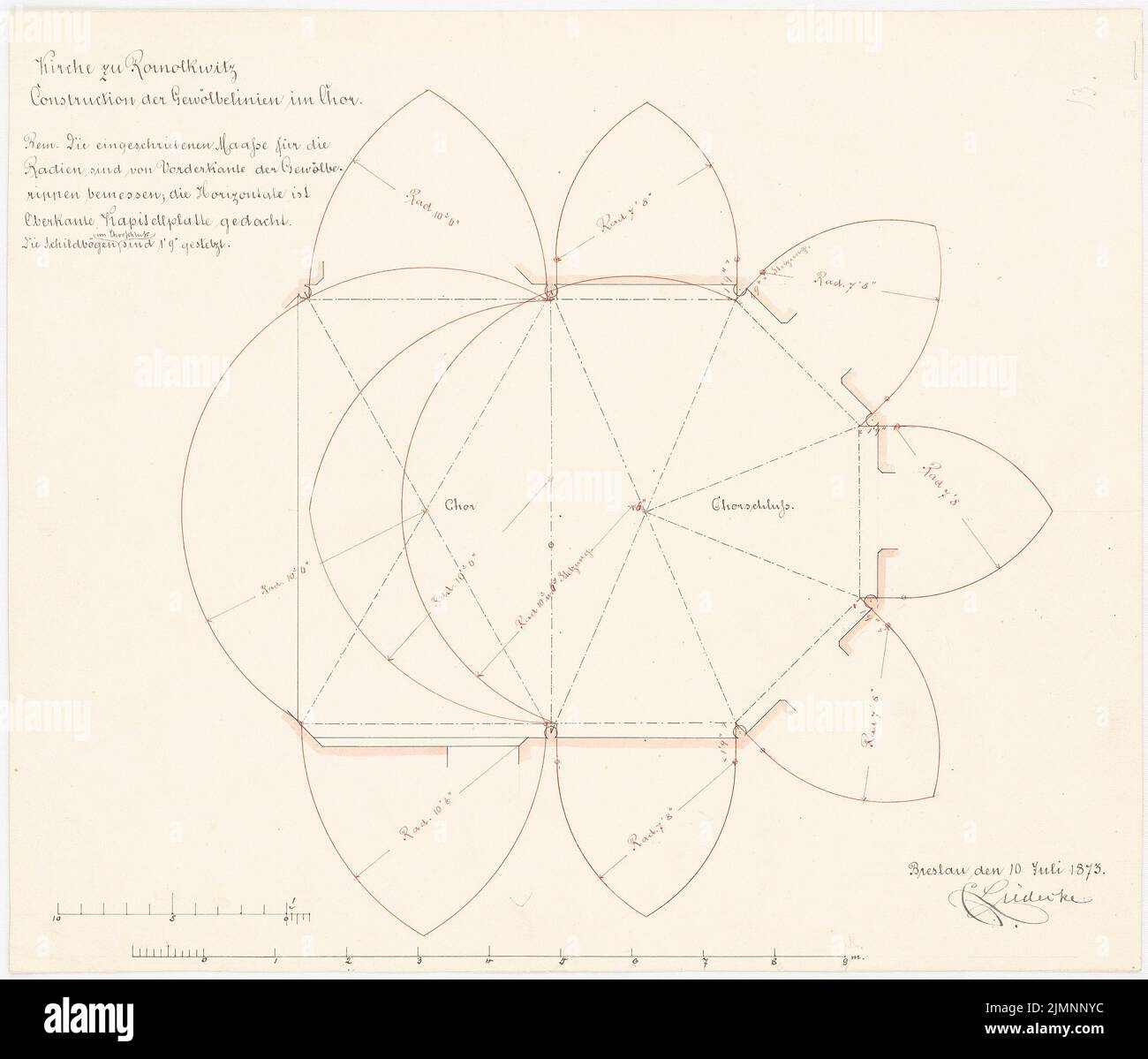 Lüdecke Carl Johann Bogislaw (1826-1894), Kirche in Romolkwitz. Erweiterung (07/10/1873): Bau der gewölbten Linien im Chor, Streifen im Maßstab 2. Tusche, Tusche farbig, Aquarell auf Karton, 33,9 x 39,7 cm (inklusive Scankanten) Lüdecke Carl Johann Bogislaw (1826-1894): Kirche, Romolkwitz. Ausbau Stockfoto