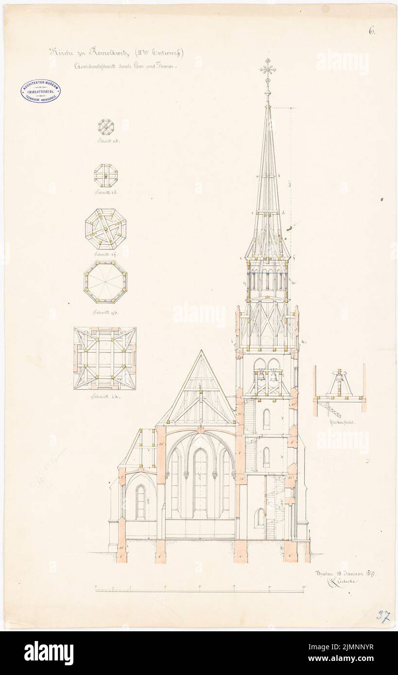 Lüdecke Carl Johann Bogislaw (1826-1894), Kirche in Romolkwitz. Erweiterung (01/10/1870): Querschnitt durch Chor und Turm, Grundriß des Turms (Balkenposition), querschnittriger Glockensessel; Massstab. Tusche Aquarell auf der Schachtel, mit Bleistift ergänzt, 71,5 x 45,1 cm (inklusive Scankanten) Lüdecke Carl Johann Bogislaw (1826-1894): Kirche, Romolkwitz. Ausbau Stockfoto