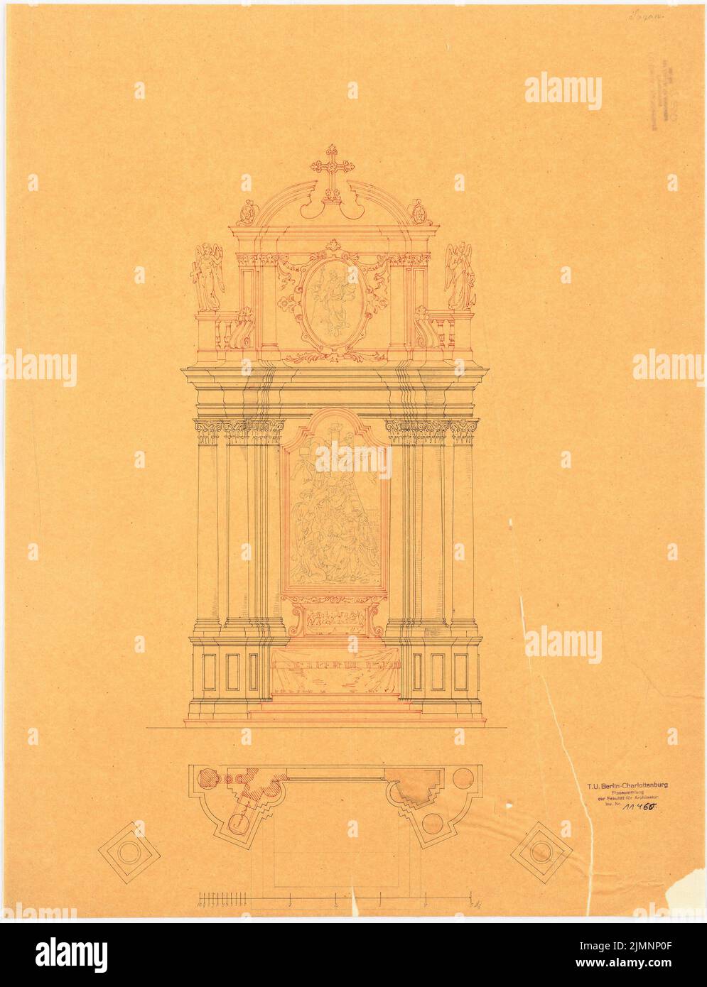 Lüdecke Carl Johann Bogislaw (1826-1894), Kirche in Sagan. Umwandlung des Altars. (?) (Ohne ein Jahr): Grundriss, Einriss, Skalenbalken. Tusche auf Transparent, mit Bleistift ergänzt, 60,5 x 46,3 cm (inklusive Scankanten) Lüdecke Carl Johann Bogislaw (1826-1894): Kirche, Sagan. Altarumbau (?) Stockfoto