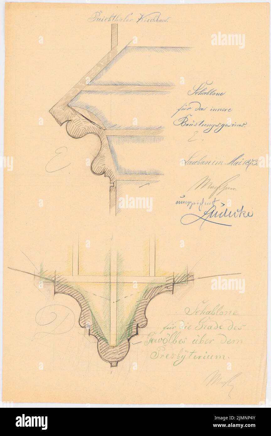 Lüdecke Carl Johann Bogislaw (1826-1894), Evangelische Kirche in Reichthal (05,1873): Brüstungskiefer, Deckendekoration über dem Presbyterium. Bleistift und Farbstift auf Papier, 68,7 x 45,7 cm (inklusive Scankanten) Lüdecke Carl Johann Bogislaw (1826-1894): Evangelische Kirche, Reichthal Stockfoto