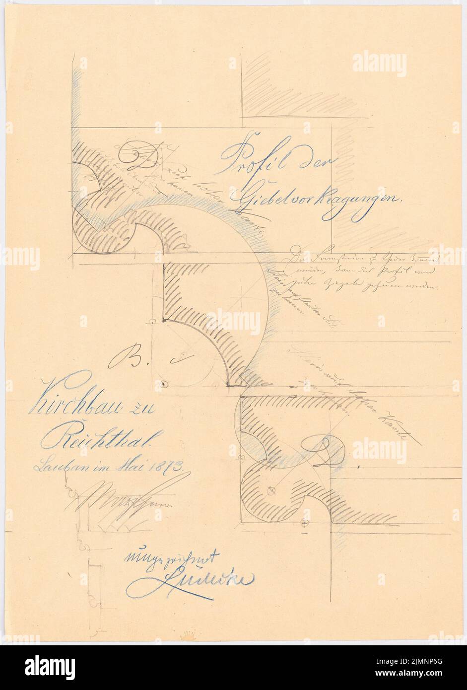 Lüdecke Carl Johann Bogislaw (1826-1894), Evangelische Kirche in Reichthal (05,1873): Giebel Forward. Bleistift und Farbstift auf Papier, 61,9 x 44,8 cm (inklusive Scankanten) Lüdecke Carl Johann Bogislaw (1826-1894): Evangelische Kirche, Reichthal Stockfoto