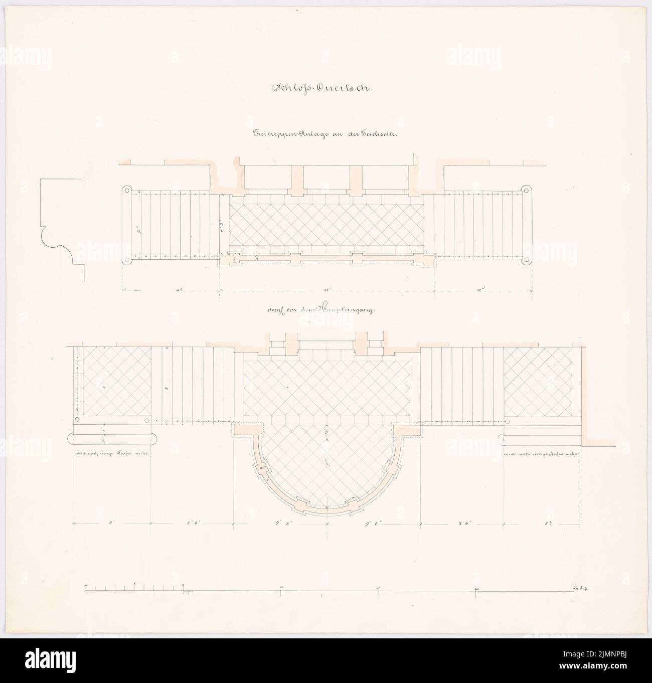 Lüdecke Carl Johann Bogislaw (1826-1894), Schloss Queitsch. Umbau und Erweiterung (1870-1870): Grundriß freie Treppe (Westseite), Massstab. Tusche Aquarell auf der Schachtel, mit Bleistift ergänzt, 57,1 x 58,3 cm (inklusive Scankanten) Lüdecke Carl Johann Bogislaw (1826-1894): Schloss Queitsch. Umbau und Ausbau Stockfoto