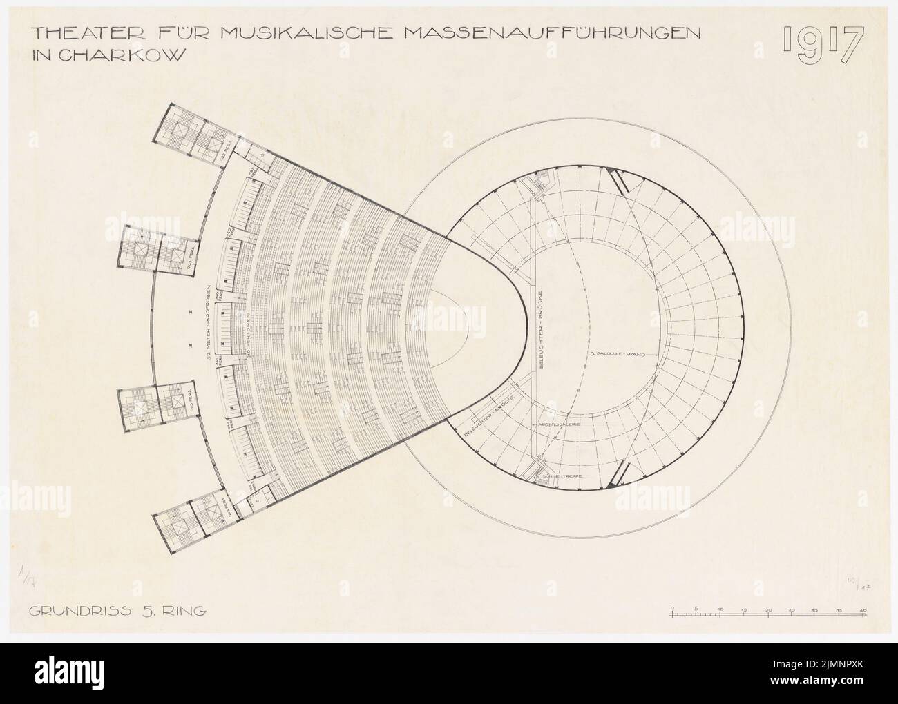 Poelzig Hans (1869-1936), Theater für musikalische Massenaufführungen, Charkov (1930): Grundriss attic? (Platz 5.). Bleistift auf Transparent, 67,3 x 94 cm (inklusive Scan-Kanten) Poelzig Hans (1869-1936): Theater für musikalische Massenaufführungen, Charkow Stockfoto