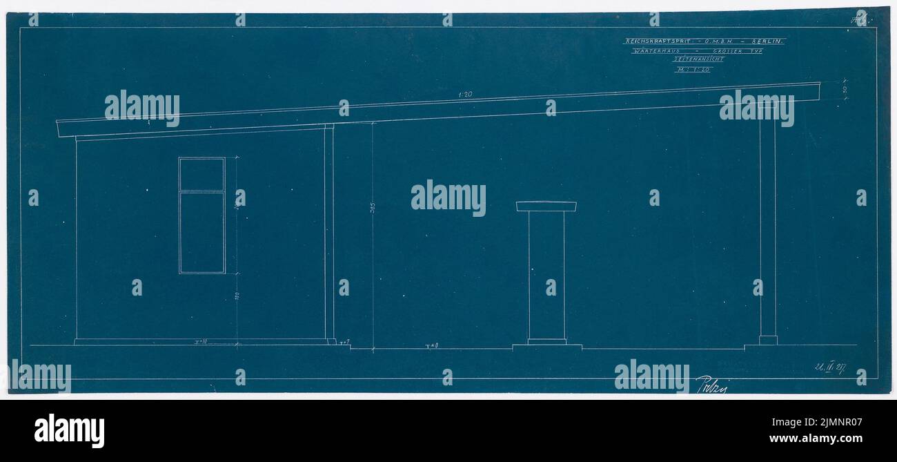 Poelzig Hans (1869-1936), Tankstellen der Reichskraffrit GmbH, Berlin (26.04.1927): Seitenansicht 1:20 WORTERHAUS GROSS. Lichtbruch auf Transparent, 34,1 x 76,4 cm (inklusive Scankanten) Poelzig Hans (1869-1936): Tankstellen der Reichskraftsprit GmbH, Berlin Stockfoto