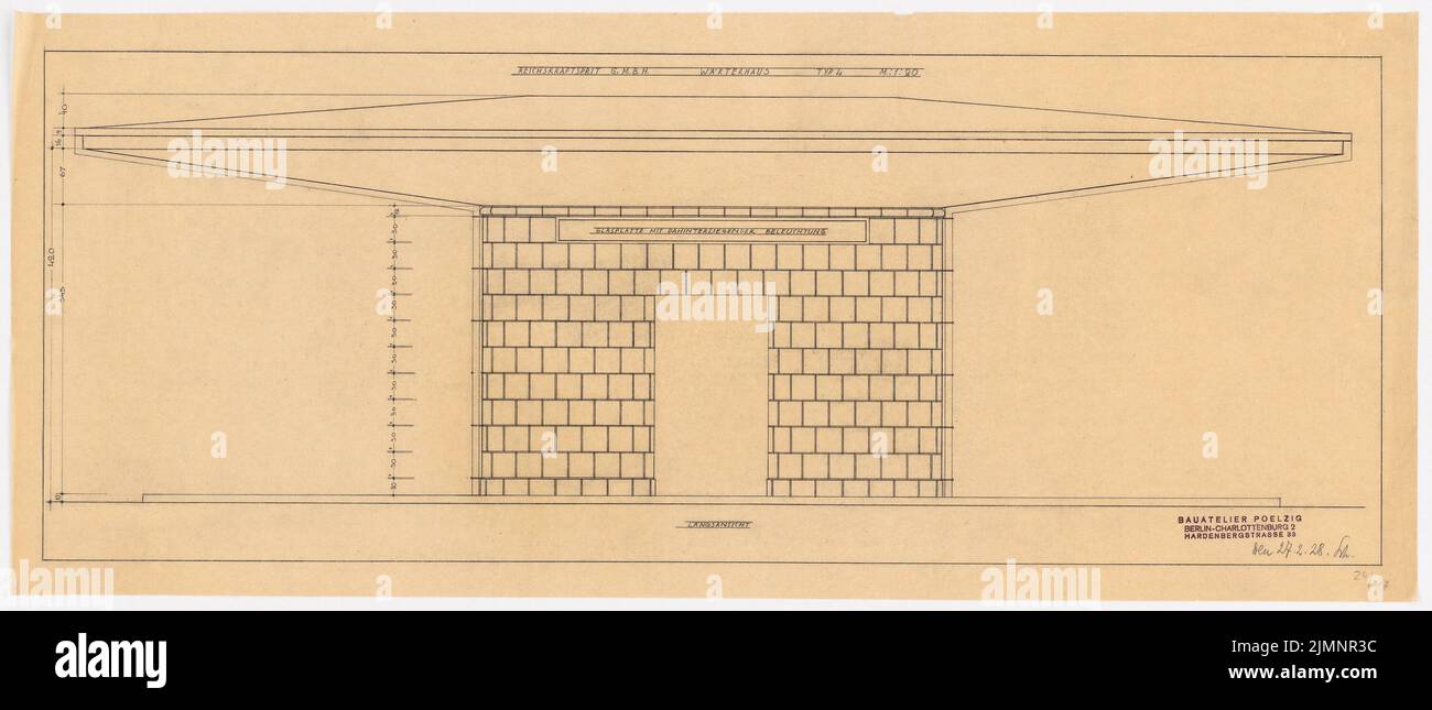 Poelzig Hans (1869-1936), Tankstellen der Reichskraffrit GmbH, Berlin (27. Februar 1928): Längsansicht Typ 4, WORTERHAUS 1:20. Bleistift auf Transparent, 36,1 x 84,5 cm (inklusive Scankanten) Poelzig Hans (1869-1936): Tankstellen der Reichskraftsprit GmbH, Berlin Stockfoto