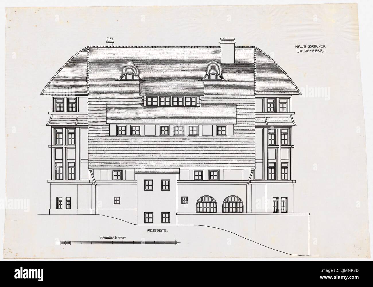 Poelzig Hans (1869-1936), Haus Zwirner in Löwenberg (1909-1910): Blick Westseite 1:50 und Massstab. Tinte, 50,1 x 71,3 cm (inklusive Scankanten) Poelzig Hans (1869-1936): Wohnhaus und Jugendheim Zwirner, Löwenberg Stockfoto