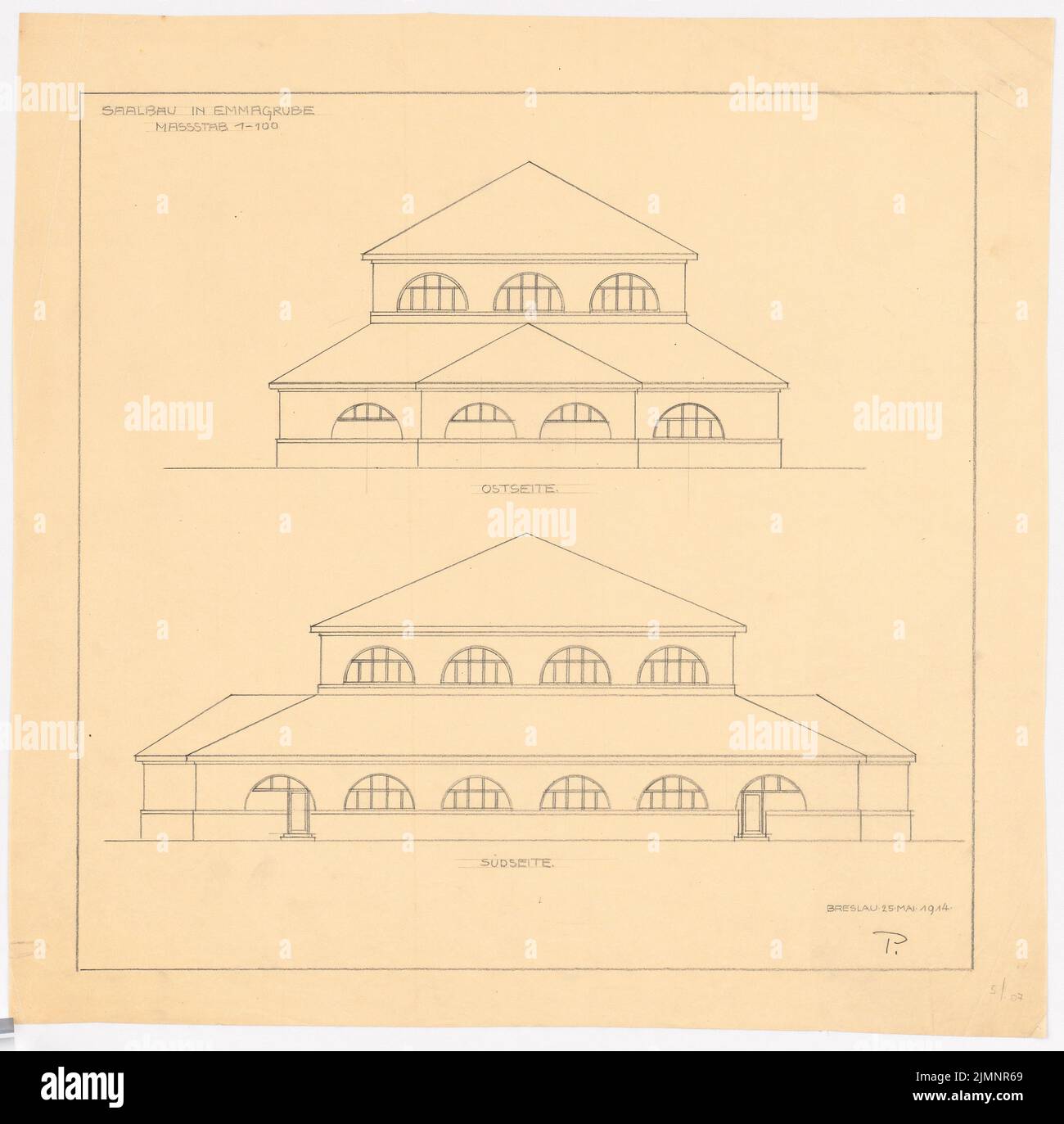 Poelzig Hans (1869-1936), Saalbau, Emmagrube (25. Mai 1914): Blick nach Osten und Süden. Bleistift auf transparent, 50,2 x 50,8 cm (inklusive Scankanten) Poelzig Hans (1869-1936): Saalbau, Emmagrube Stockfoto