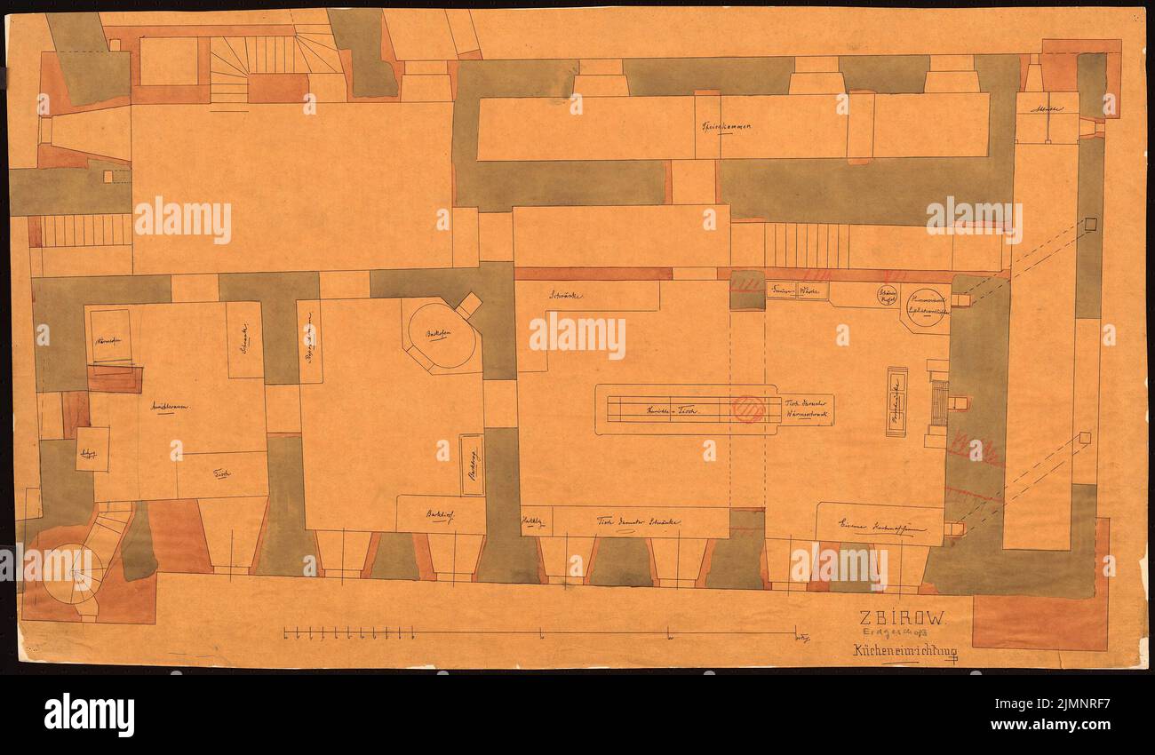 Orth August (1828-1901), Schloss Dr. Strousberg, Zbirow. Umbau (1869-1869): Grundriss EG, Küche. Tusche, kalkfarbenes Aquarell auf transparent, 45,1 x 77,2 cm (inklusive Scankanten) Orth August (1828-1901): Schloss von Dr. Strousberg, Zbirow. Umbau Stockfoto