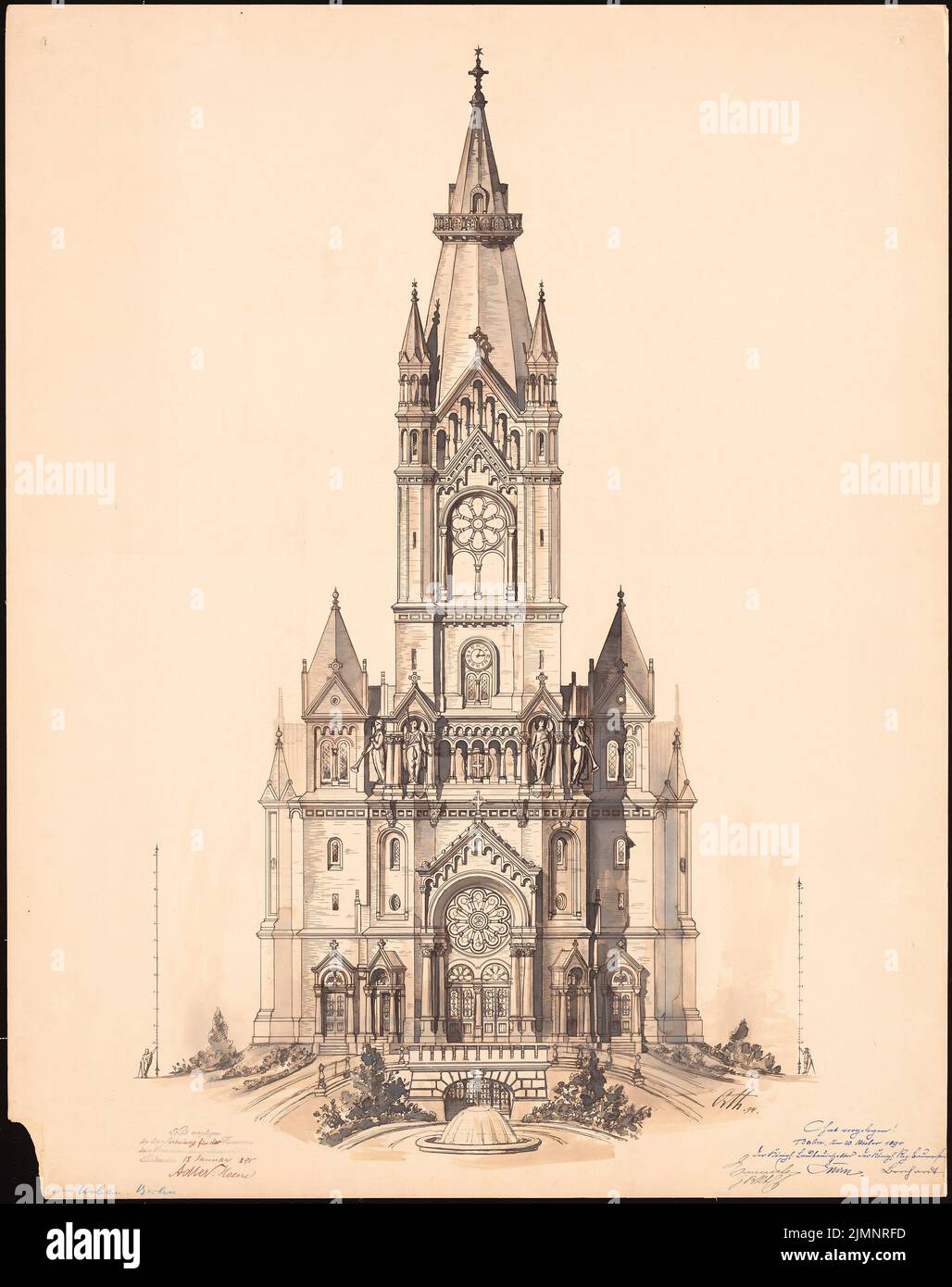 Orth August (1828-1901), Kirche am Urban, Berlin. Projekt I (20. Oktober 1894): Ansicht. Tusche Aquarell, 83,7 x 66,2 cm (inklusive Scan-Kanten) Orth August (1828-1901): Kirche am Urban, Berlin. Projekt I Stockfoto