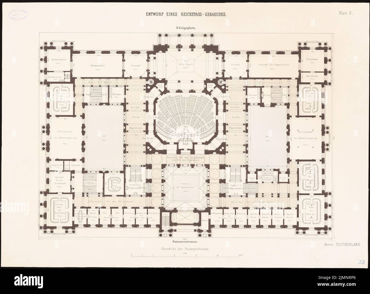 Busse & Schwechten, Reichstag, Berlin (1882): Grundriss Hauptgeschoss 1: 200. Tusche Aquarell auf der Schachtel, 62,5 x 86,1 cm (inklusive Scan-Kanten) Busse & Schwechten : Reichstag, Berlin. Zweiter Wettbewerb Stockfoto