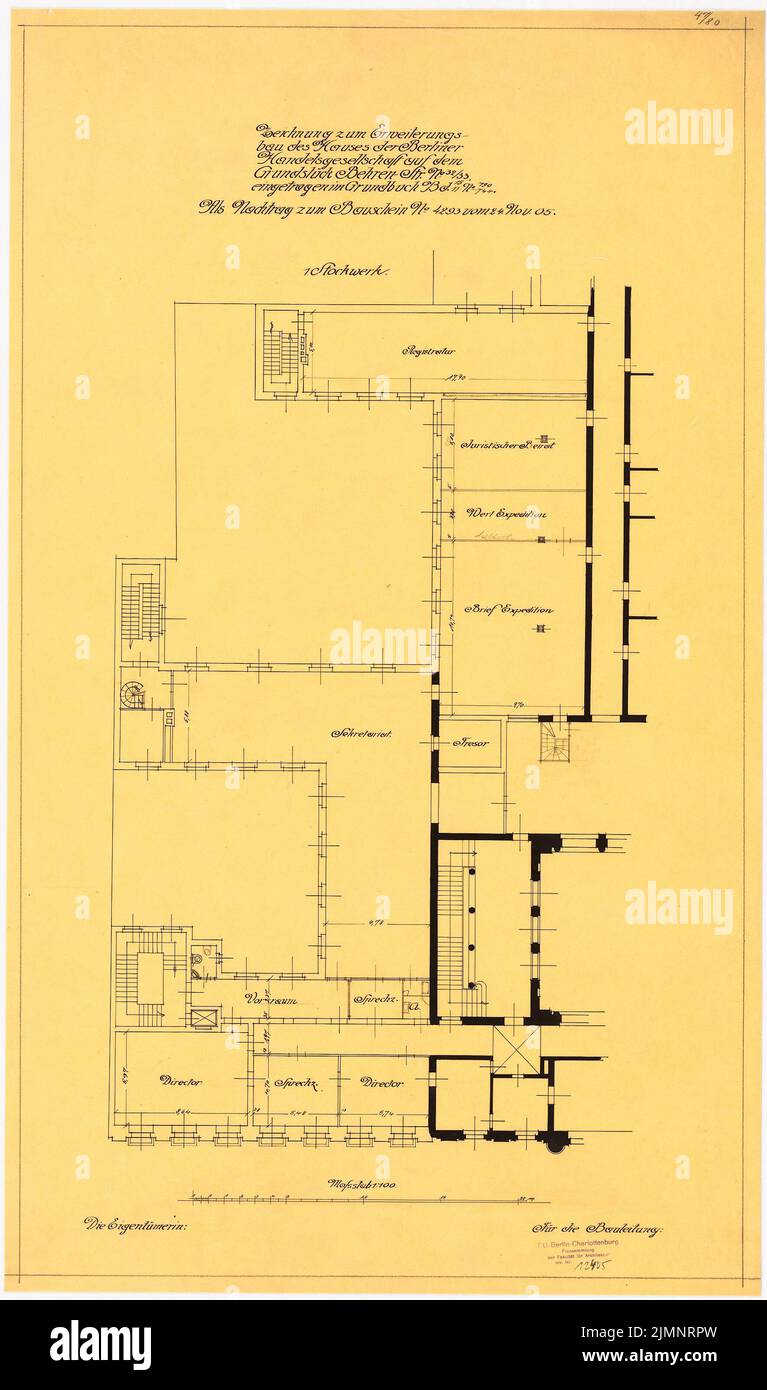 Messel Alfred (1853-1909), Geschäftshaus der Berliner Handelsgesellschaft, Berlin. Erweiterung (1905-1907): Grundriß 1: 100. Tusche, Bleistift auf Transparent, 83,8 x 49,5 cm (inklusive Scankanten) Messel Alfred (1853-1909): Berliner Handelsgesellschaft, Berlin. Erweiterning Stockfoto