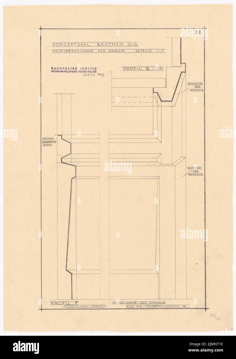Poelzig Hans (1869-1936), Konzertsaal in Beuthen. Umbau (30. September 1927): Holzverkleidung der Halle Details 1: 1. Bleistift auf Transparent, 54,3 x 38,2 cm (inklusive Scan-Kanten) Poelzig Hans (1869-1936): Konzerthaus, Beuthen. Umbau Stockfoto