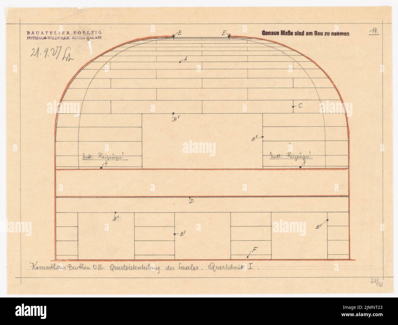 Poelzig Hans (1869-1936), Konzertsaal in Beuthen. Umwandlung (21. September 1927): Querschnitt. Bleistift und Farbstift auf transparent, 29,2 x 39 cm (inklusive Scankanten) Poelzig Hans (1869-1936): Konzerthaus, Beuthen. Umbau Stockfoto