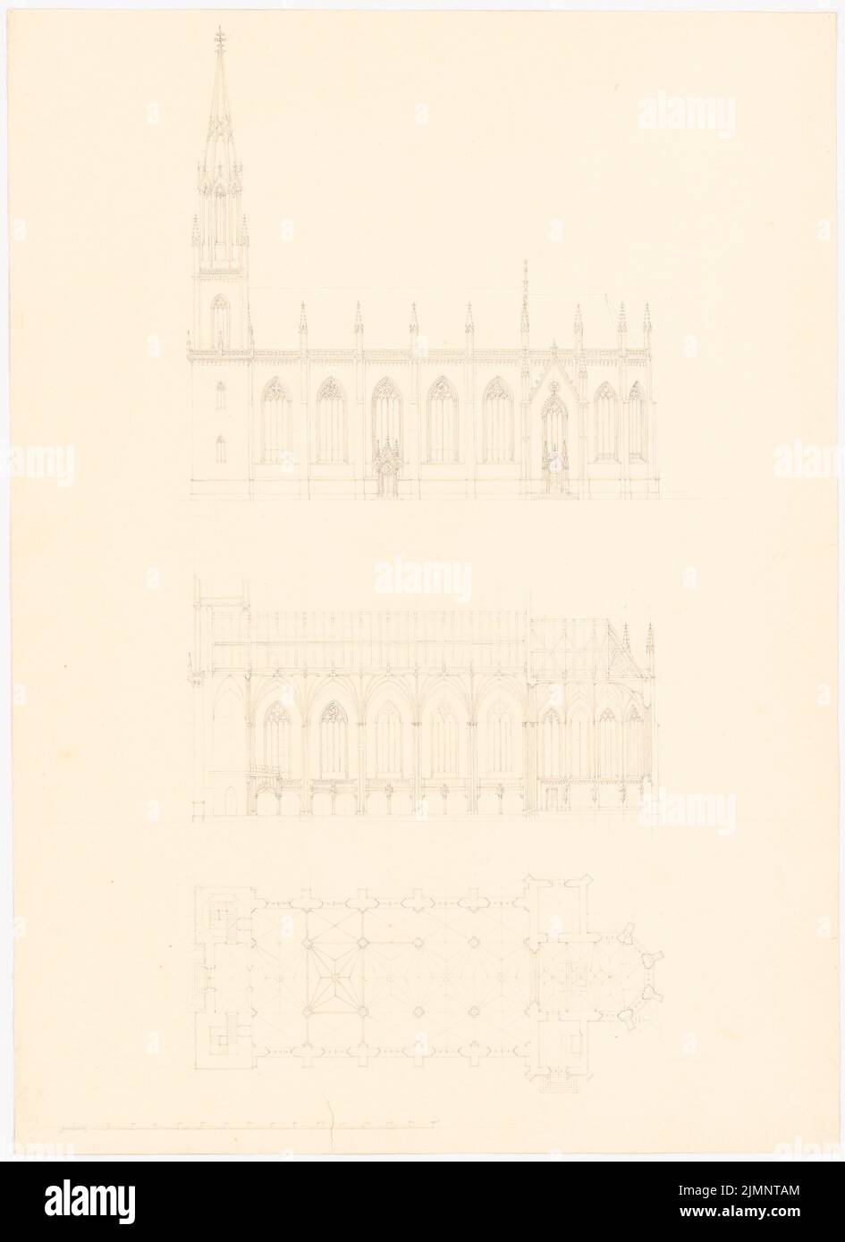 Lüdecke Carl Johann Bogislaw (1826-1894), Kirche (ohne Jahr): Grundriß, aufrechte Südseite, Längsschnitt, Massstab. Bleistift auf Papier, 65,3 x 47,5 cm (inklusive Scankanten) Lüdecke Carl Johann Bogislaw (1826-1894): Kirche Stockfoto