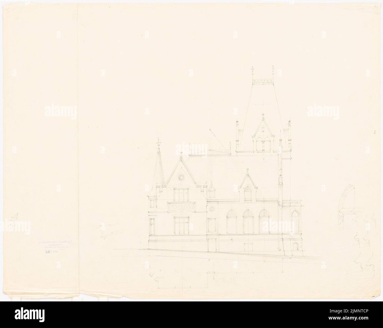 Lüdecke Carl Johann Bogislaw (1826-1894), Landhaus (ohne Jahr): Seitenansicht mit umrissenen Details eines Fensters (ca. 1: 100). Bleistift auf Papier, 46,4 x 59,1 cm (inklusive Scankanten) Lüdecke Carl Johann Bogislaw (1826-1894): Landhaus Stockfoto