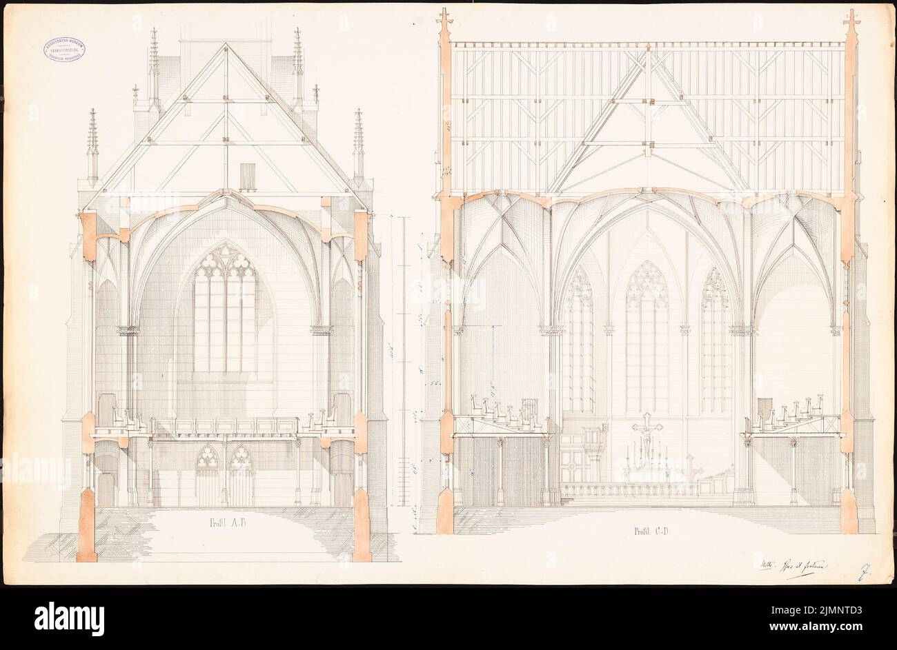 Cremer Robert (1826-1882), Evangelische Kirche, Krefeld (ohne Dat.): Schneidet A-B durch das Langhausjoch und C-D durch das Querschiff. Tusche Aquarell auf der Schachtel, 64,1 x 97,7 cm (inklusive Scankanten) Cremer Robert (1826-1882): Evangelische Kirche, Krefeld Stockfoto