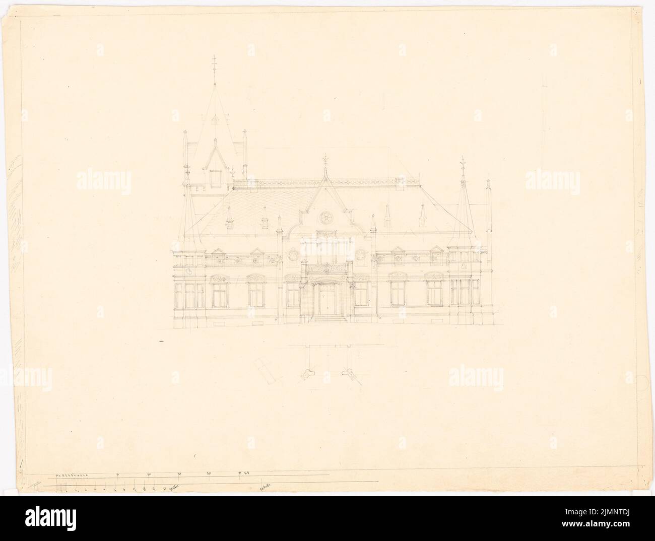 Lüdecke Carl Johann Bogislaw (1826-1894), Landhaus (ohne Jahr): Riss-Rückansicht, Teilplan-Portalstamm, 2 Maßstabsstreifen. Bleistift auf Karton, 51 x 67,3 cm (inklusive Scankanten) Lüdecke Carl Johann Bogislaw (1826-1894): Landhaus Stockfoto