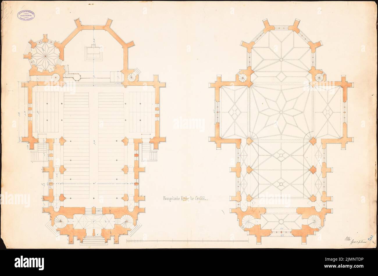 Cremer Robert (1826-1882), Evangelische Kirche, Krefeld (ohne dat.): 2 Grundrisse; Verso: Ansichten und Grundrisse einer nicht-detaillierten Villa (ohne Inv.Nr.). Tusche Aquarell auf der Schachtel, 64,5 x 97,5 cm (inklusive Scankanten) Cremer Robert (1826-1882): Evangelische Kirche, Krefeld Stockfoto