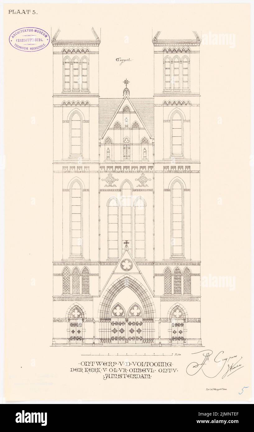 Cuypers P. J. H. (1827-1921), Kirche unserer lieben Frau, Unbefleckte Empfängnis, Amsterdam. Anbau (ohne Datum): Fassadenansicht. Druck auf Papier, 44,5 x 28 cm (inklusive Scan-Kanten) Cuypers Petrus Josephus Hubertus (1827-1921): Kirche unserer Lieben Frau unbekannter Empfängnis, Amsterdam. Anbau Stockfoto