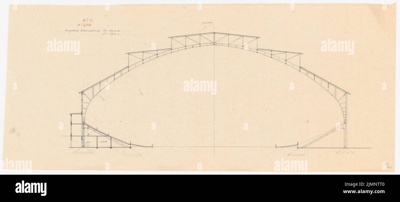 Poelzig Hans (1869-1936), Sporthalle, Berlin (Mai 25.): Schnitt mit Details 1: 200. Bleistift und Farbstift auf transparent, 36,4 x 83,3 cm (inklusive Scankanten) Poelzig Hans (1869-1936): Sporthalle, Berlin Stockfoto