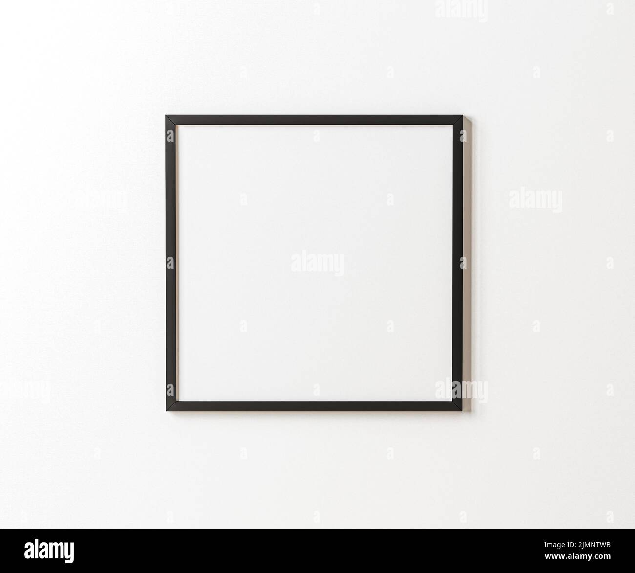 Schwarzer leerer quadratischer Rahmen auf weißer Wand, 1:1 Ration, weißes Bilderrahmen-Modell, 3D Rendering Stockfoto