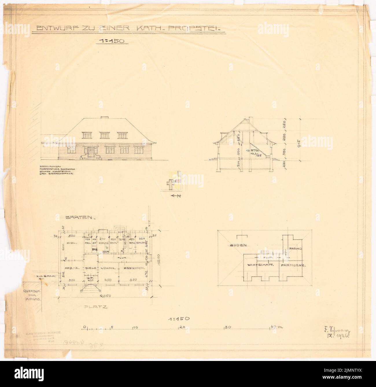 Schwarz F., Propstei (1926): Ansicht, Schnitt, Grundriß, DG 1: 150, Lageplan. Bleistift, farbiger Bleistift auf transparent, 52,4 x 54,6 cm (inklusive Scankanten) Schwarz F. : Propstei Stockfoto