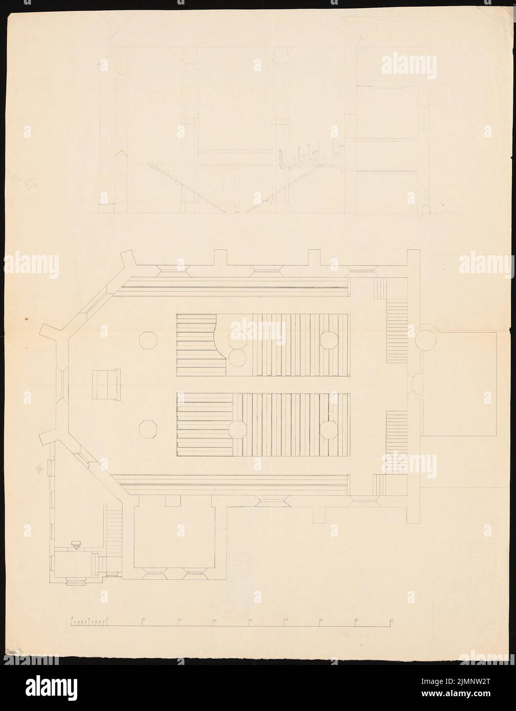 Knoblauch Eduard (1801-1865), Pfarrkirche St. Sebastian, Baruth. Anbau (ca. 1855): Grundriss-Kirche, Schnittstudie. Tusche und Bleistift, 89,8 x 69,7 cm (inklusive Scankanten) Knoblauch Eduard (1801-1865): Stadtpfarrkirche St. Sebastian, Baruth. Anbau Stockfoto