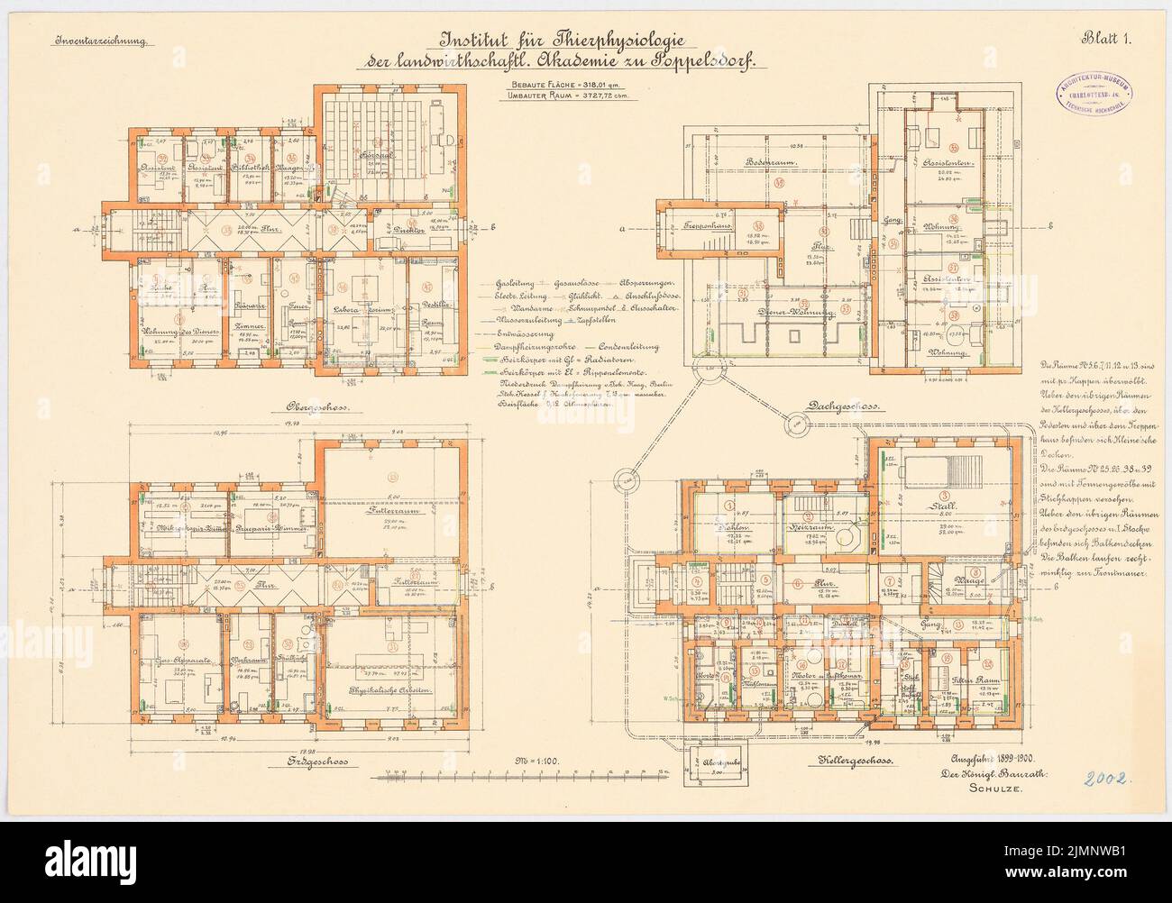 Unbekannter Architekt, landwirtschaftliche Akademie, Bonn-Poppelsdorf. Institut für Tierphysiologie (heute: Rheinische Friedrich-Wilhelms-Universität, Landwirtschaftsverband (1899-1901): Grundriss Untergeschoss Obergeschoss Obergeschoß 1: 100. Lithographie auf Karton, 48,5 x 69,1 cm (inklusive Scankanten) N.N. : Landwirtschaftliche Akademie, Bonn-Poppelsdorf. Institut für Tierphysiologie (heute: Rheinische Friedrich-Wilhelms-Universität, landwirtschaftliche Fakultät) Stockfoto