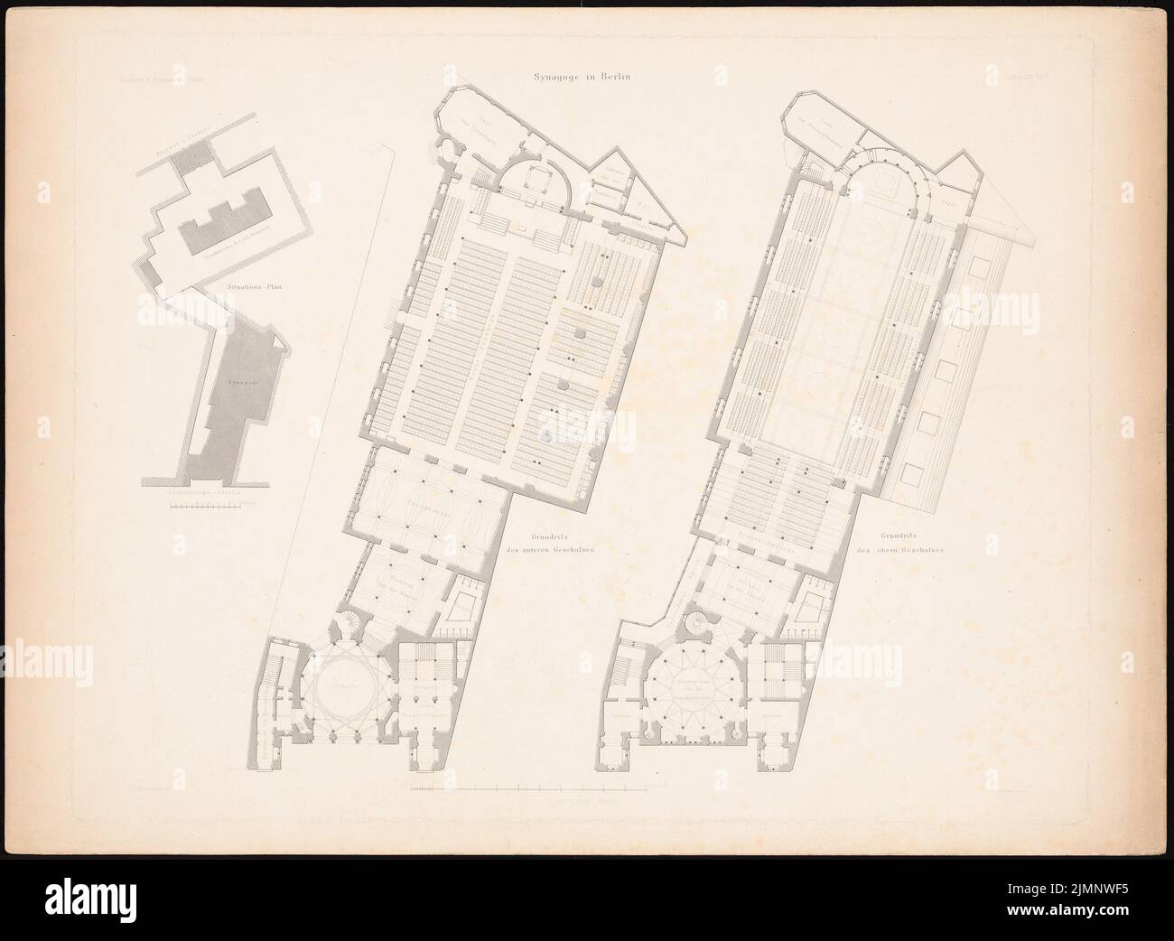 Knoblauch Eduard (1801-1865), neue Synagoge, Berlin (ohne dat.): Lageplan und Grundrisse. Druck auf Papier, 47,6 x 65 cm (inklusive Scankanten) Knoblauch Eduard (1801-1865): Neue Synagoge, Berlin Stockfoto