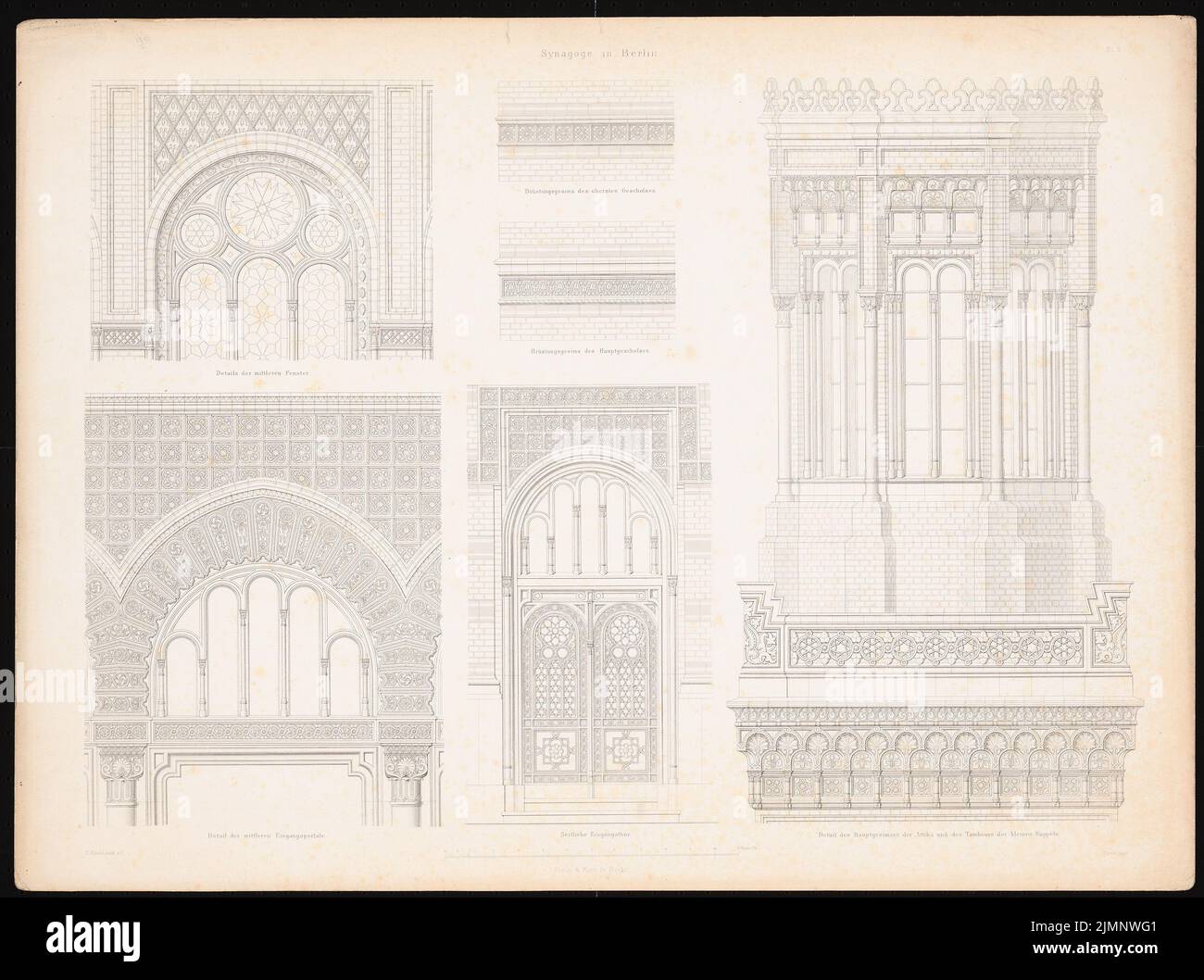 Knoblauch Eduard (1801-1865), neue Synagoge, Berlin (ohne dat.): Zierdetails. Druck auf Papier, 47,5 x 63,8 cm (inklusive Scankanten) Knoblauch Eduard (1801-1865): Neue Synagoge, Berlin Stockfoto