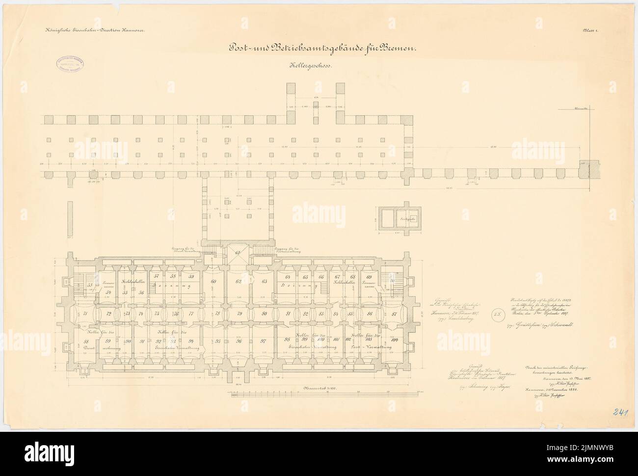 Unbekannter Architekt, Post- und Filialgebäude, Bremen (ca. 1886): Grundriß Keller 1: 100. Lithographie auf Karton, 71,3 x 105,2 cm (inklusive Scankanten) N.N. : Post- und Betriebsgebäude, Bremen Stockfoto
