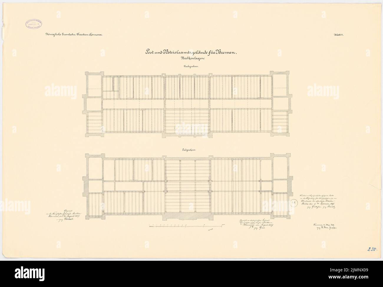Unbekannter Architekt, Post- und Filialgebäude, Bremen (ca. 1886): Grundrissplan Balkenlage Erdgeschoss Obergeschoss 1: 100. Lithographie auf Karton, 71,6 x 105,3 cm (inklusive Scankanten) N.N. : Post- und Betriebsgebäude, Bremen Stockfoto