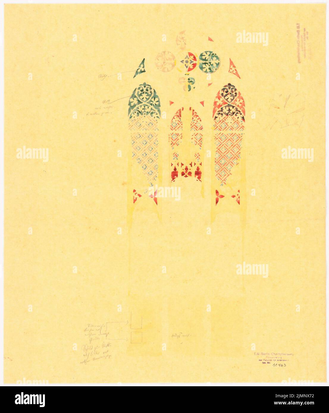 Lüdecke Carl Johann Bogislaw (1826-1894), Kirchenfenster, Farbgestaltung (ohne Jahr): Ansicht. Bleistift wasserdicht bis transparent, 50,8 x 43,2 cm (inklusive Scankanten) Lüdecke Carl Johann Bogislaw (1826-1894): Kirchenfenster, farbige Gestaltung Stockfoto