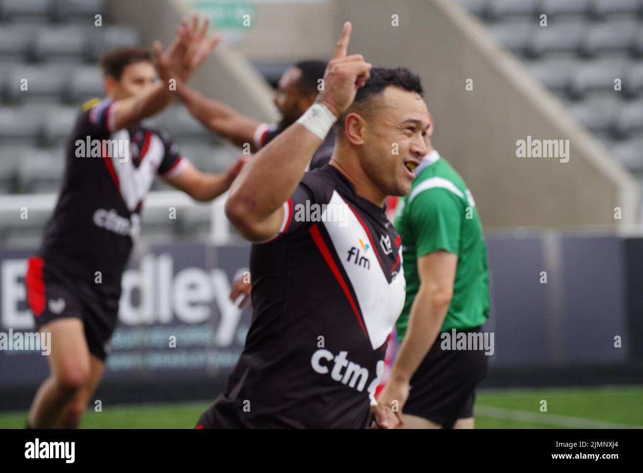 Newcastle upon Tyne, England, 7. August 2022. Paul Ulberg feiert, nachdem er einen Versuch für die London Broncos gegen Newcastle Thunder bei der Betfred Championship im Kingston Park gemacht hat. Quelle: Colin Edwards/Alamy Live News. Stockfoto
