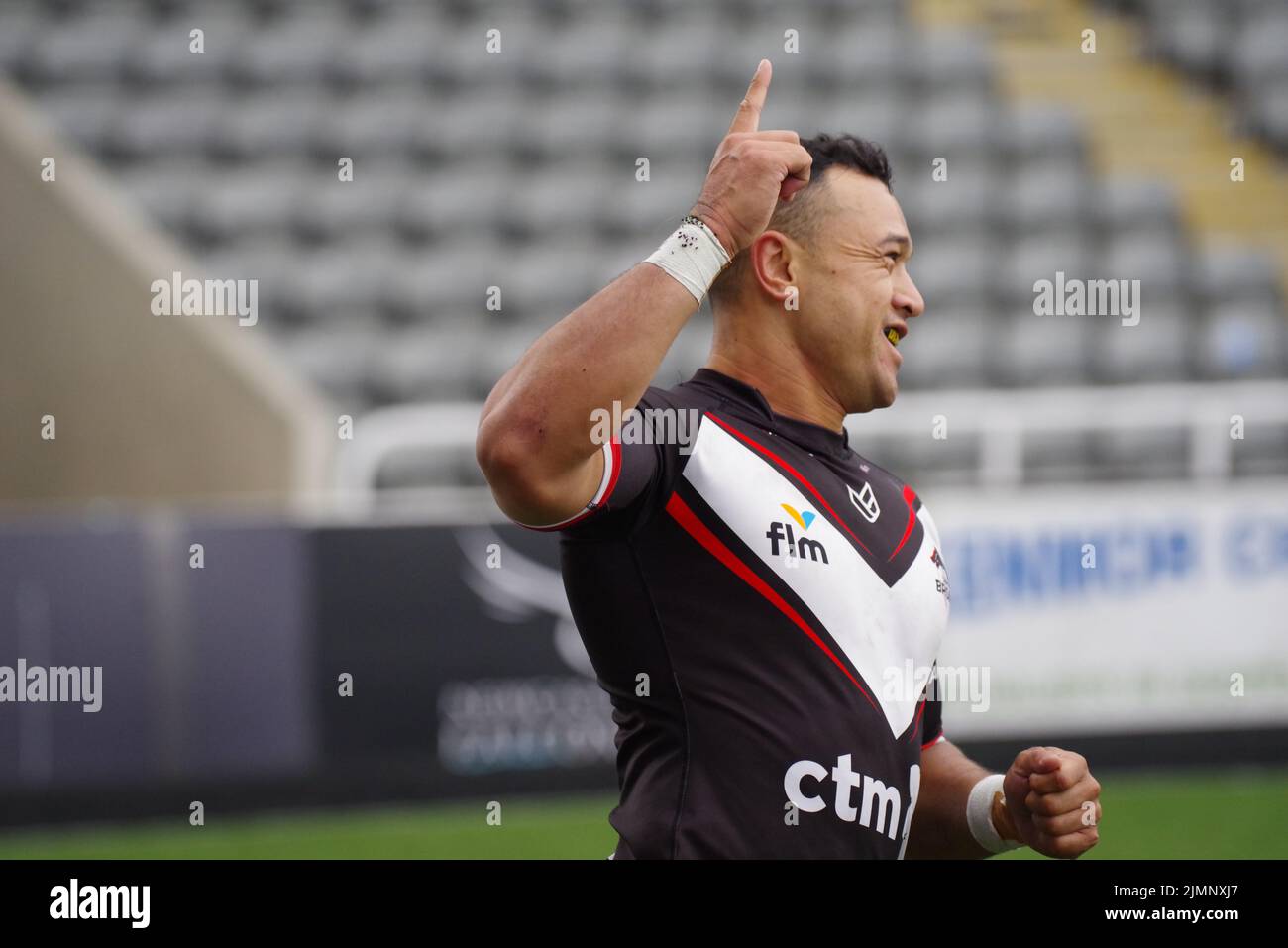 Newcastle upon Tyne, England, 7. August 2022. Paul Ulberg feiert, nachdem er einen Versuch für die London Broncos gegen Newcastle Thunder bei der Betfred Championship im Kingston Park gemacht hat. Quelle: Colin Edwards/Alamy Live News. Stockfoto