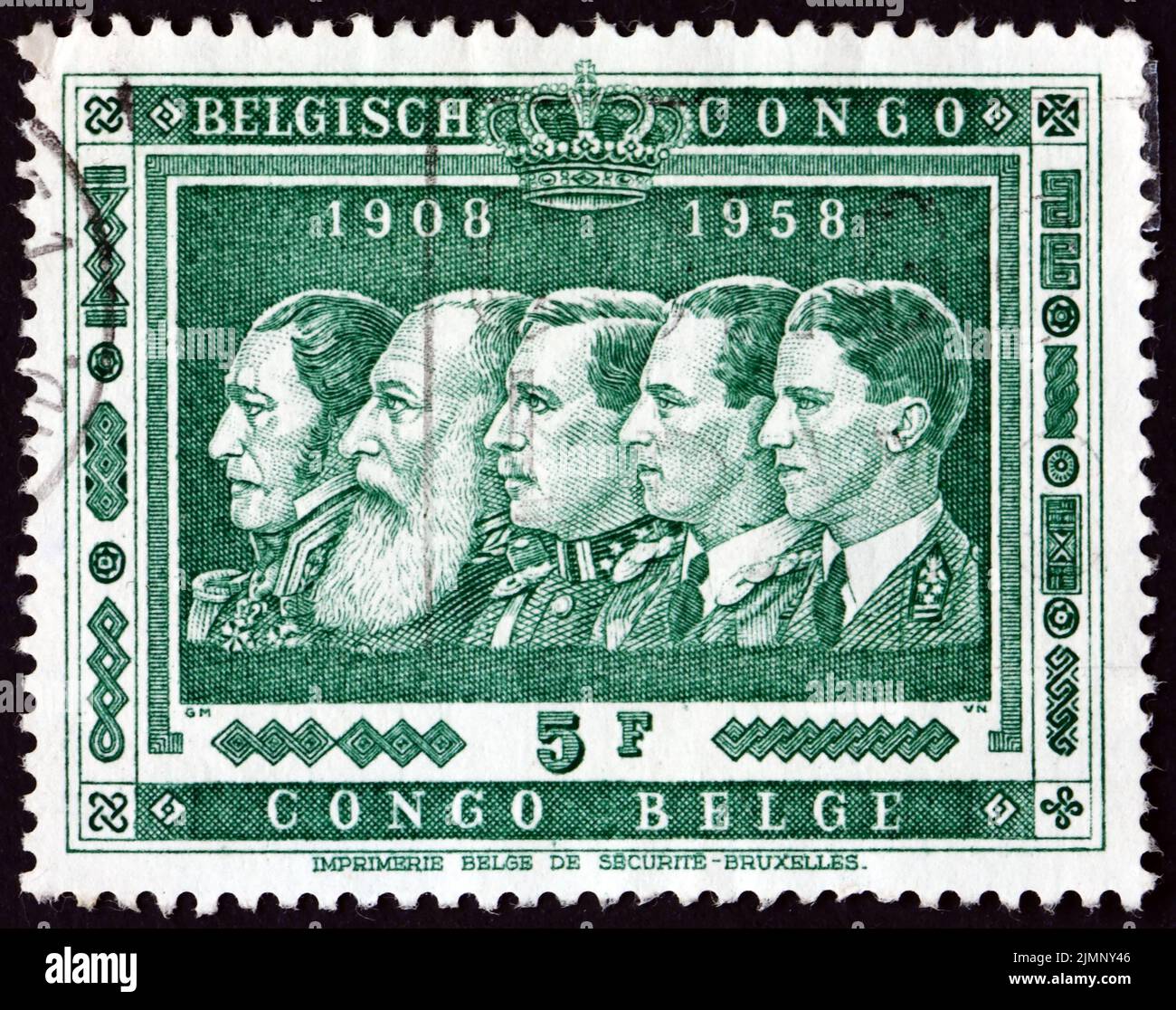 BELGISCHER KONGO - UM 1958: Eine in Belgisch-Kongo gedruckte Marke zeigt Könige von Belgien, 50. Jahre der Annexion des Kongo durch Belgien, um 1958 Stockfoto
