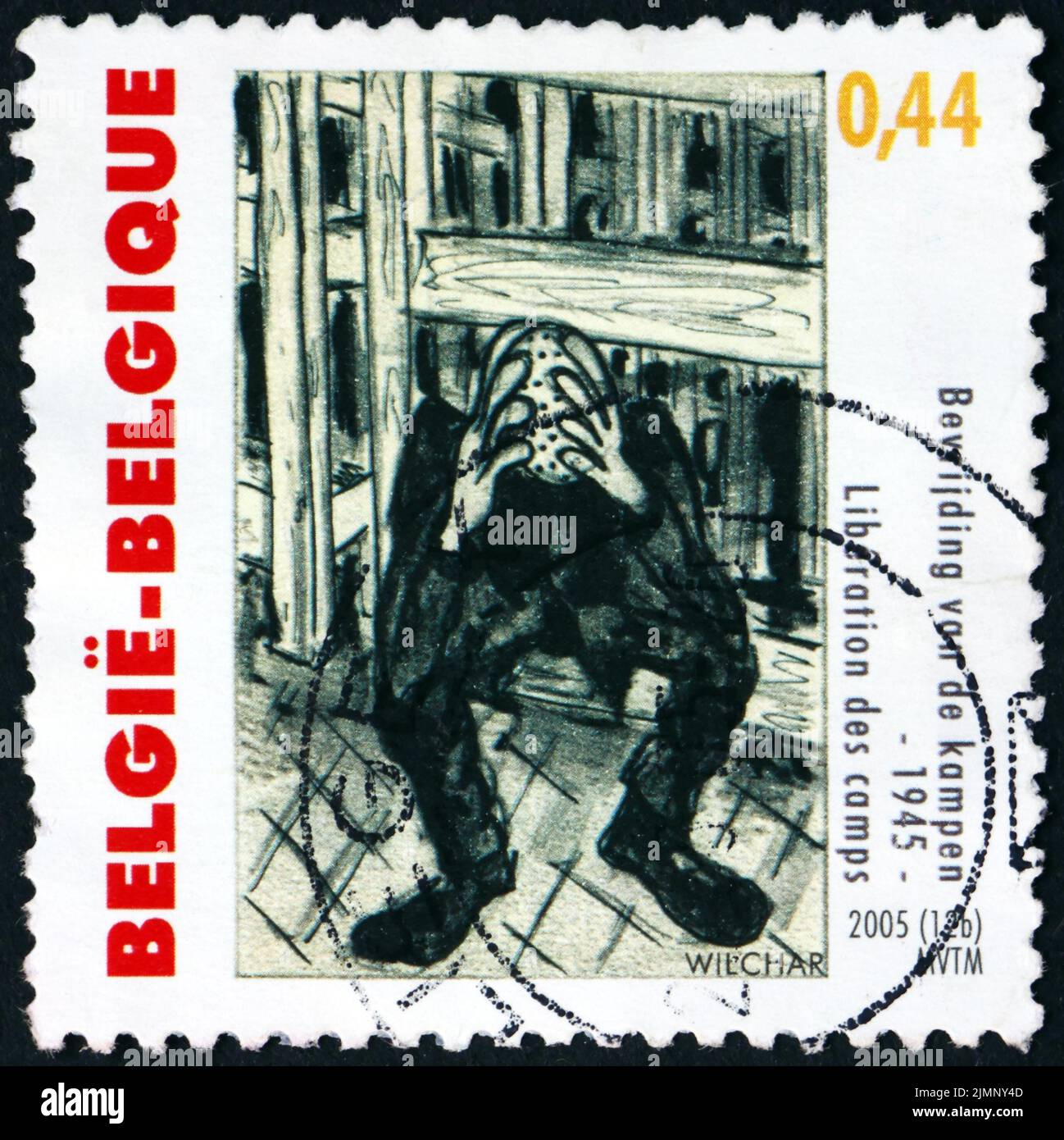 BELGIEN - UM 2005: Eine in Belgien gedruckte Briefmarke zeigt eine Zeichnung des Internierten Konzentrationslagers, von Wilchar, Ende des Zweiten Weltkriegs, 60.. Jahrestag, circ Stockfoto