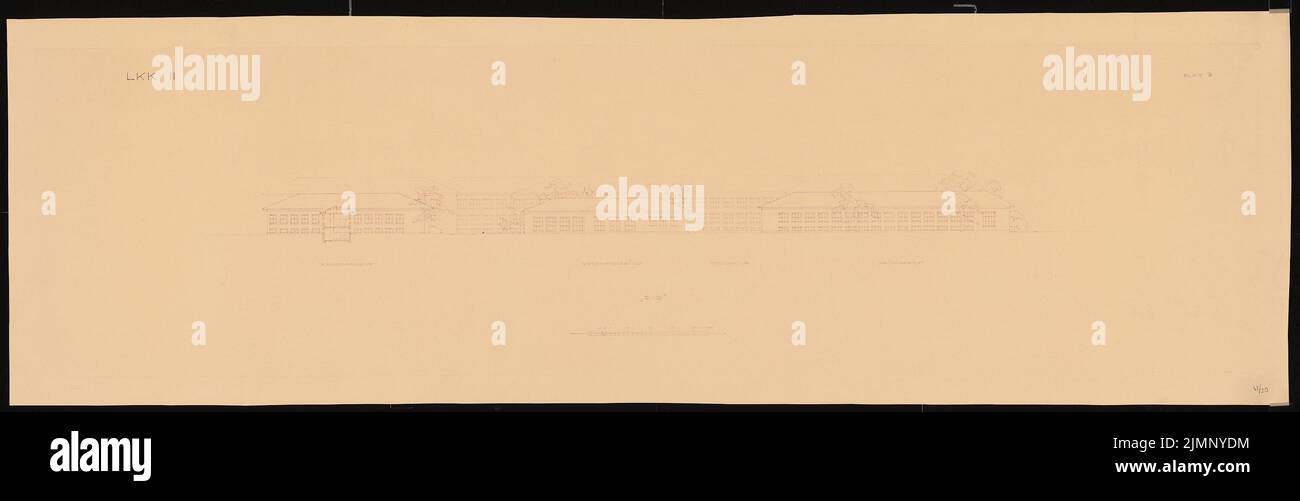 Poelzig Hans (1869-1936), Kaserne Air Circle Command II, Berlin-Dahlem (1935-1936): Oben, Schnitt C-D. Leichter Bruch auf Papier, 46,4 x 146,6 cm (inklusive Scankanten) Poelzig Hans (1869-1936): Kaserne Luftkreiskommando II, Berlin-Dahlem Stockfoto