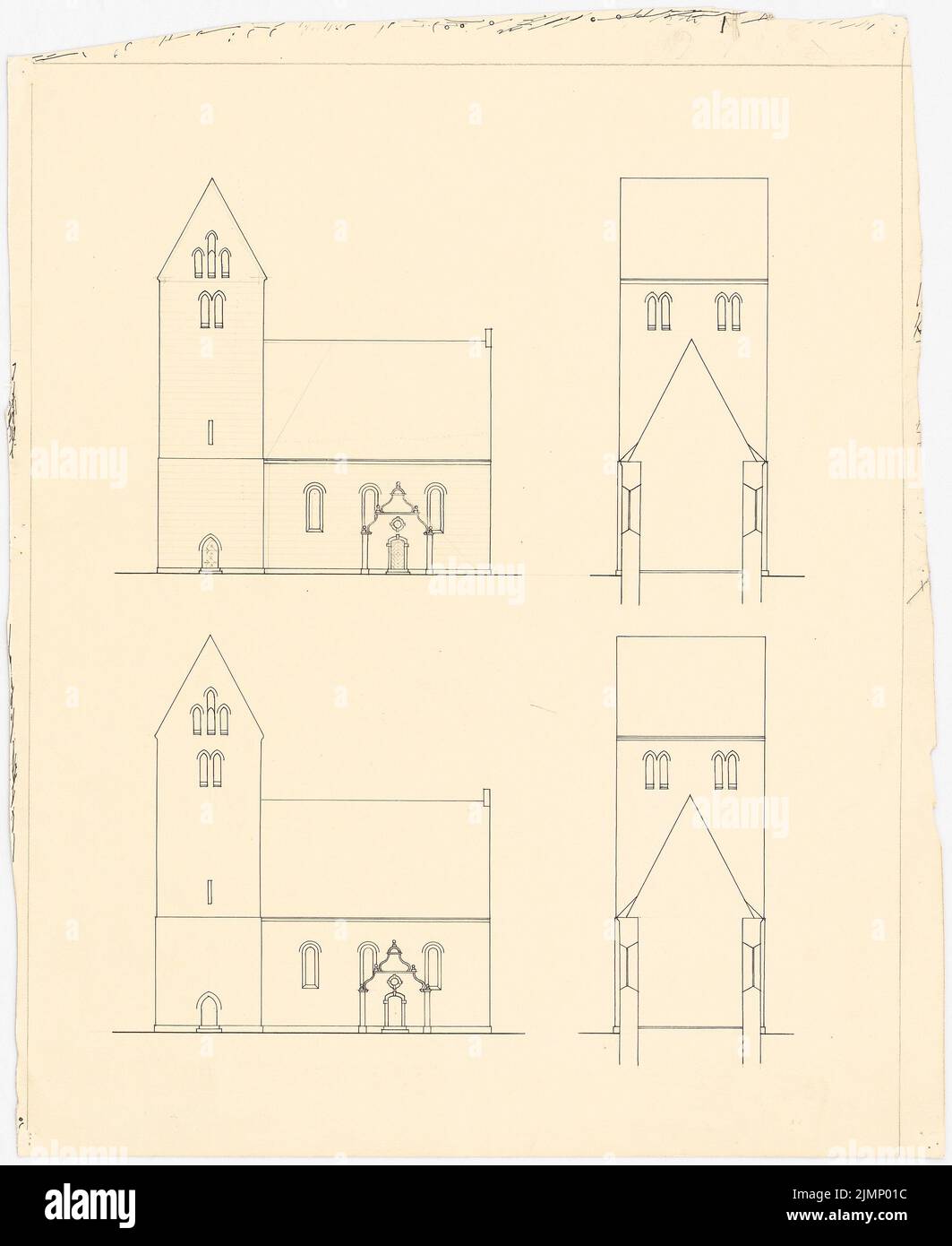 Lehmübner Paul (1855-1916), Feldsteinkirche (ohne dat.): Riss-Seitenansichten, 2 Querschnitte, voreingestelltes Seitenportal. Tinte und Bleistift auf Karton, 46,3 x 37,9 cm (inklusive Scankanten) Lehmstübner Paul (1855-1916): Feldsteinkirche Stockfoto