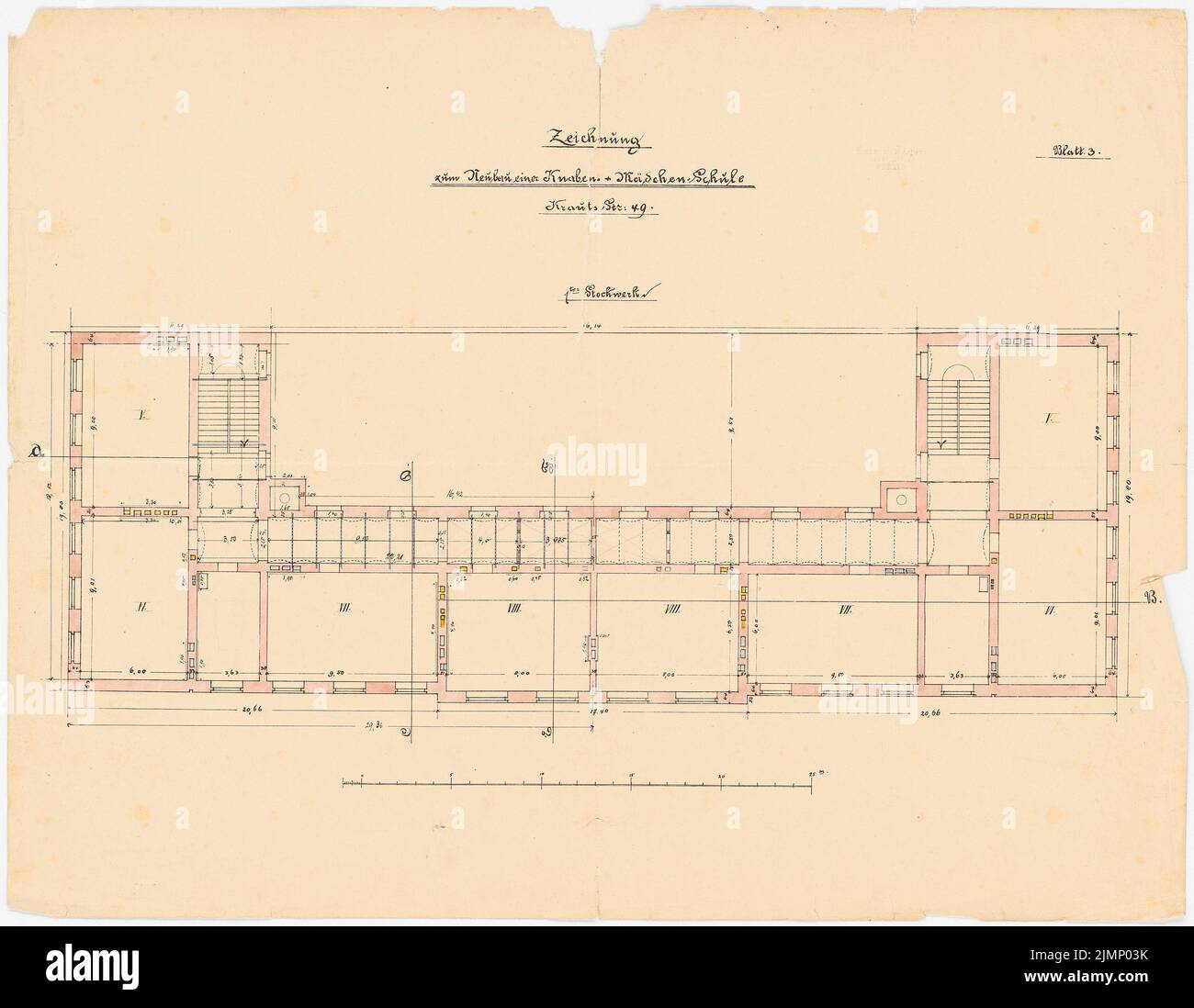 Lehmübner Paul (1855-1916), Jungen- und Mädchenschule in Berlin. (?) (Ohne DAT.): Grundriss 1. Boden Tusche Aquarell auf der Schachtel, 51,6 x 66,5 cm (inklusive Scankanten) Lehmgräbner Paul (1855-1916): Knaben- und Mädchenschule, Berlin (?) Stockfoto