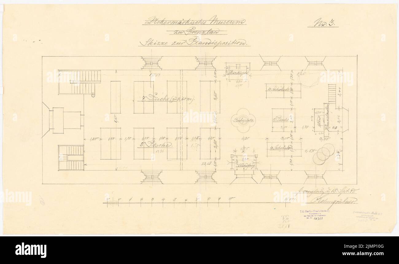 Lehmübner Paul (1855-1916), Uckermärkisches Museum in Prenzlau. Umbau der Heilig-Geist-Kirche (15. September 1898): Grundriss Nr. 3, Skizze auf die Bodenposition 1:50 (Variante). Bleistift auf Transparent, 42,1 x 71 cm (inklusive Scankanten) Lehmstübner Paul (1855-1916): Uckermärkisches Museum, Prenzlau. Umbau der Heilig-Geist-Kirche Stockfoto