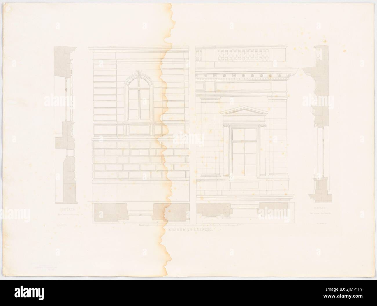 Lange Ludwig (1808-1868), Museum in Leipzig. (Aus: L. lange, Werke höherer Architektur, 1860) (1856-1856): Fenster und Fassaden der unteren Stockwerke. Druck auf Karton, 49,9 x 67,2 cm (inklusive Scankanten) lange Ludwig (1808-1868): Werke der höheren Baukunst, Darmstadt 1860. Museum, Leipzig Stockfoto