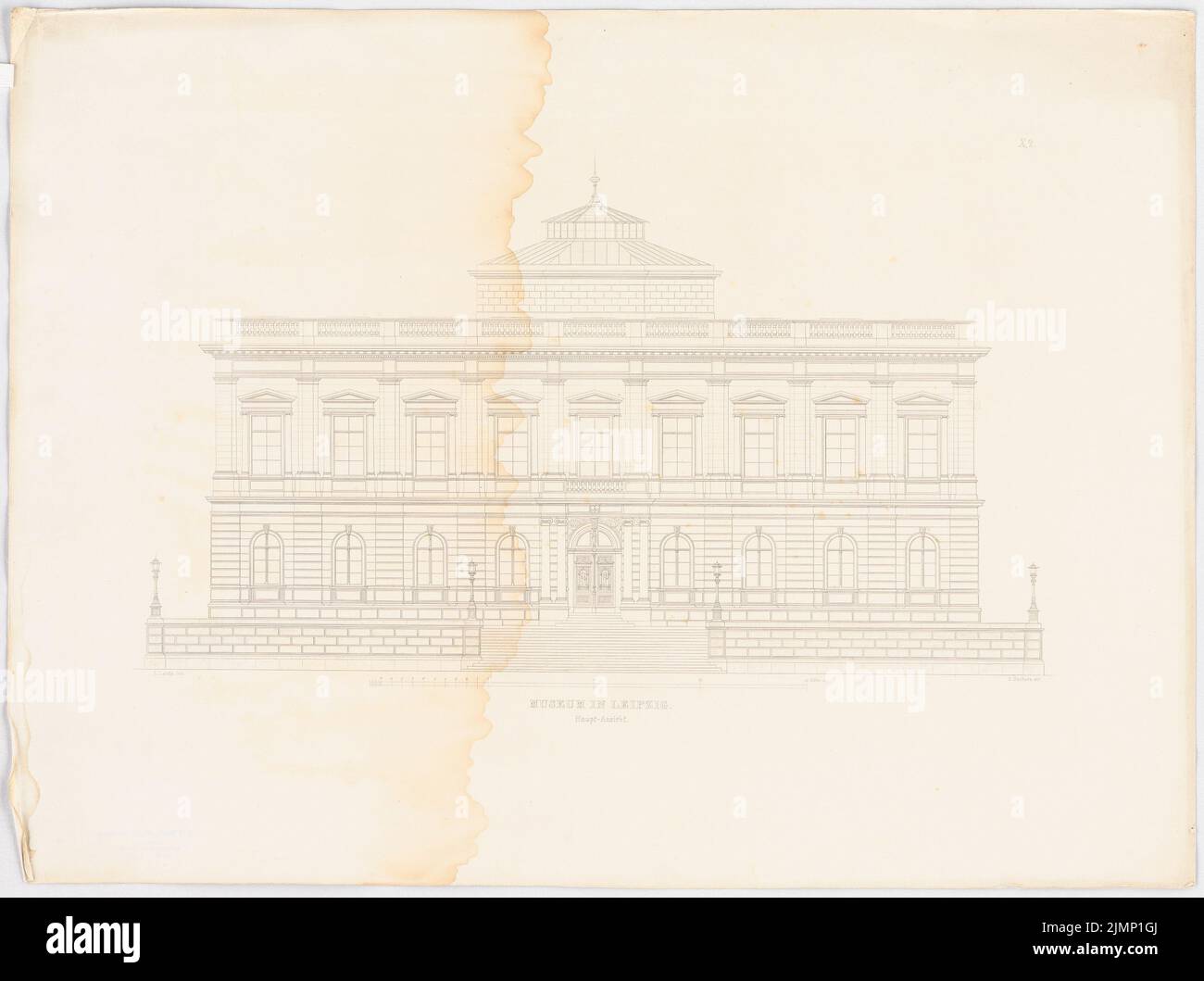 Lange Ludwig (1808-1868), Museum in Leipzig. (Aus: L. lange, Werke höherer Architektur, 1860) (1856-1856): Obere Vorderansicht. Druck auf Karton, 50,1 x 67,1 cm (inklusive Scankanten) lange Ludwig (1808-1868): Werke der höheren Baukunst, Darmstadt 1860. Museum, Leipzig Stockfoto