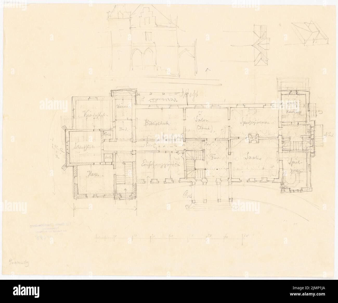 Lüdecke Carl Johann Bogislaw (1826-1894), Schloss und Garten in Zalesie bei Borek. Umbau (1873): Grundriss Erdboden, Zerreißen der Nordfassade, partielle Dachüberwachung, Massstab. Bleistift auf Papier, 35 x 42,4 cm (inklusive Scankanten) Lüdecke Carl Johann Bogislaw (1826-1894): Schloss Zalesie und Garten, Borek. Umbau Stockfoto