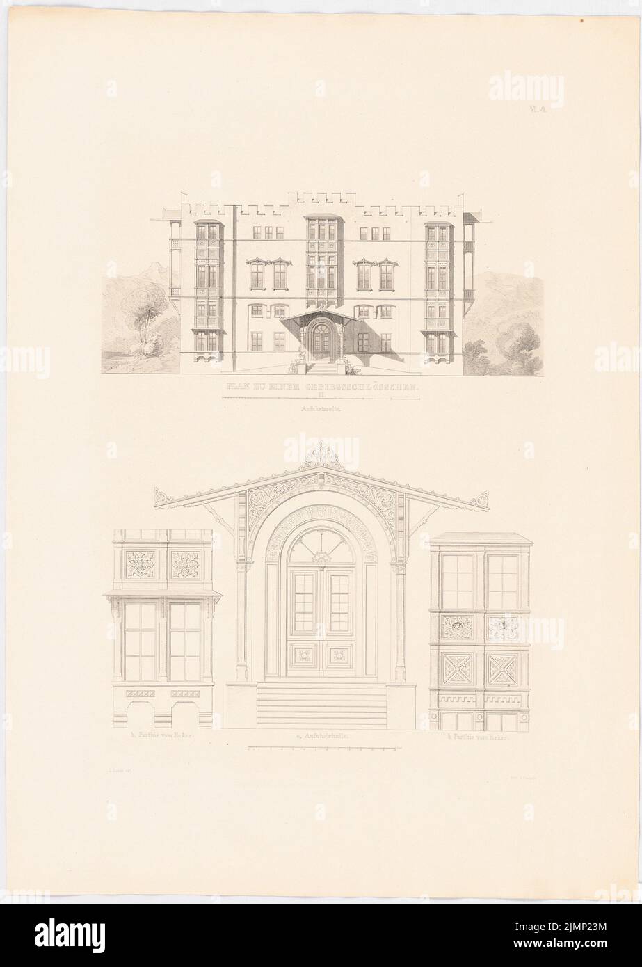 Lange Ludwig (1808-1868), in den Bergen geschlossen. (Aus: L. lange, Werke höherer Architektur, 1856) (ohne Dat.): Blick auf die Aufstiegsseite, Portal, Erz. Druck auf Karton, 68,9 x 49 cm (inklusive Scankanten) lange Ludwig (1808-1868): Werke der höheren Baukunst, Darmstadt 1856. Schloss im Gebirge Stockfoto