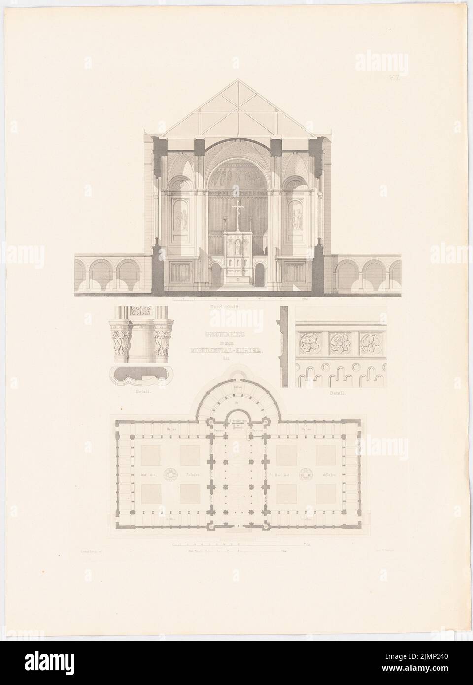 Lange Ludwig (1808-1868), Monumentalkirche (Votivkirche). (Aus: L. lange, Werke höherer Architektur, 1856) (ohne Datum): Grundriß, Querschnitt, Details. Druck auf Karton, 68,3 x 50,5 cm (inklusive Scankanten) lange Ludwig (1808-1868): Werke der höheren Baukunst, Darmstadt 1856. Monumentalkirche Stockfoto