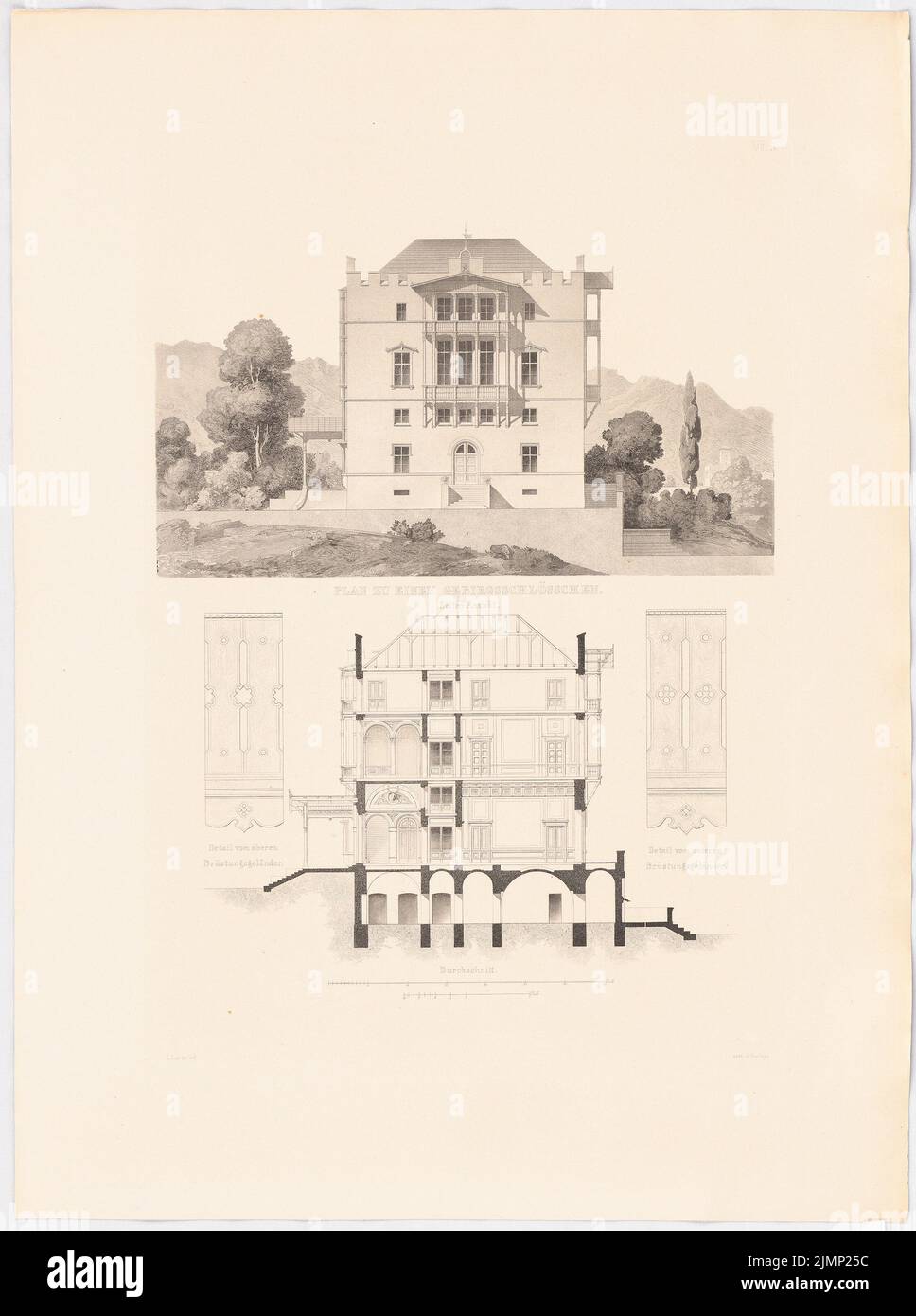 Lange Ludwig (1808-1868), in den Bergen geschlossen. (Aus: L. lange, Werke höherer Architektur, 1856) (ohne Datum): Obere Seitenansicht, Schnitt, Geländerdetail. Druck auf Karton, 67,8 x 50,6 cm (inklusive Scankanten) lange Ludwig (1808-1868): Werke der höheren Baukunst, Darmstadt 1856. Schloss im Gebirge Stockfoto