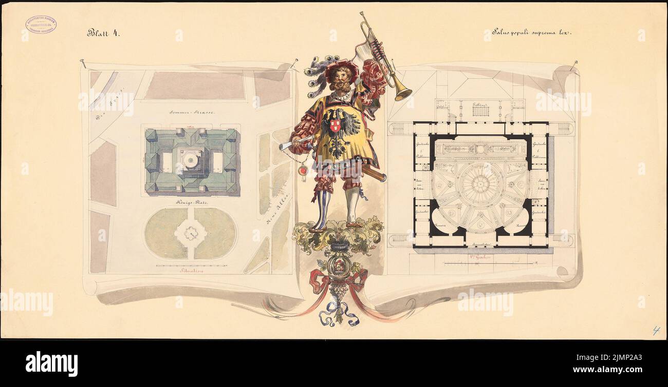 Giese & Weidner, Reichstag, Berlin (1882): Lageplan 4: 200, Lageplan 1: 1000. Tinte, Bleistift, Tusche farbig, Aquarell auf Karton, 49,8 x 97,4 cm (inklusive Scankanten) Giese & Weidner : Reichstag, Berlin. Zweiter Wettbewerb Stockfoto