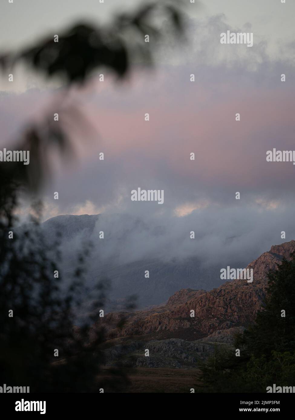 Blick auf den Lake District, dunkelrosa Wolken, Berge und Bäume Stockfoto