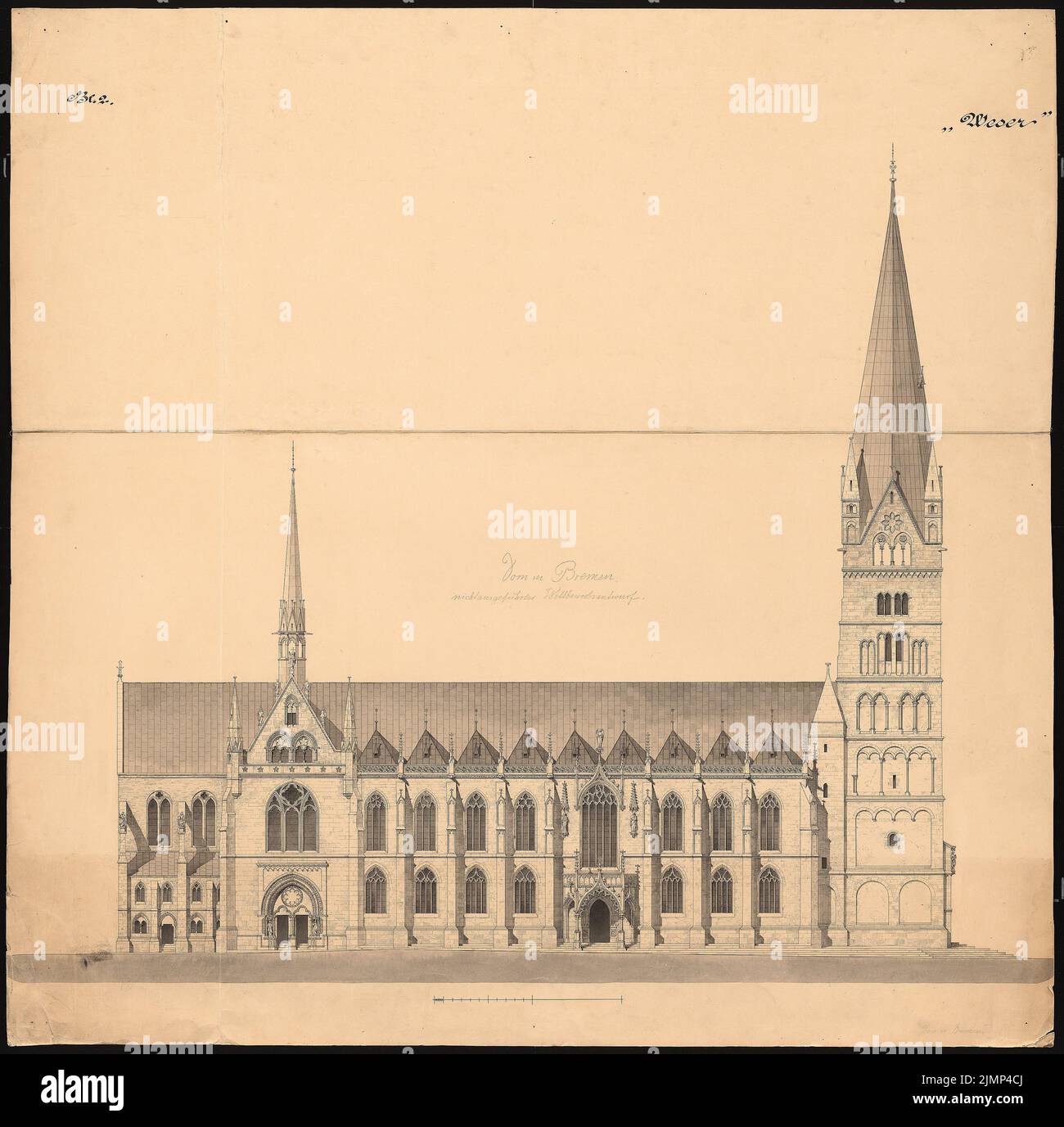 Schäfer Carl (1844-1908), Dom St. Petri in Bremen. Restaurierung der Türme (1887): Rising the North Front. Tusche Aquarell auf der Schachtel, 118,7 x 119,8 cm (inklusive Scankanten) Schäfer Carl (1844-1908): Dom St. Petri, Bremen. Recompanation the Türme Stockfoto